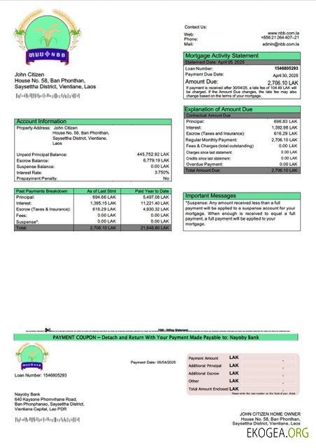 Modèle Word et PDF de relevé hypothécaire de la Laos Nayoby Bank
